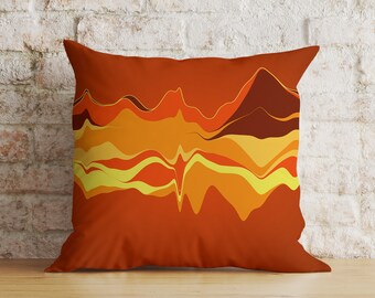 Fodera per cuscino in terracotta con paesaggio, vista astratta di montagna, arredamento boho.