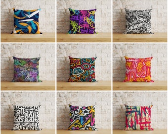 Graffiti Art Cushion Cover, Urban Street Artist Style Pillowcase, Colorful Abstract Accent Pillow Cover, Vivid Painting Throw Cushions