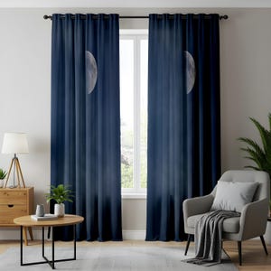 Moon Phase Curtains for Living Room, Night Sky Inspired Window Curtains, Dark Blue Lunar Design Drapes, Minimal Celestial Window Panels