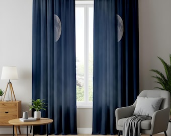 Navy Moon Phase Curtains, Celestial Lunar Drapes, Minimalist Window Panels