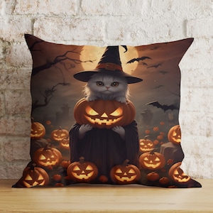 Spooky Halloween Night Pillow Cover, Dark Halloween Cushion Cover, The Witch On Halloween Bats & Haunted House Pillow Case, Trick or Treat