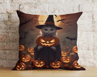 Halloween Cat Cushion Cover, Witch on Pumpkin Bat Pillow Cover, Black Spooky Haunted House Decor, Fall Halloween Pillow Cover, 16x16 18x18