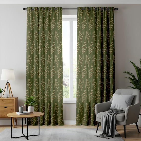Olivgrüne Art-Deco-Vorhänge, Gold stilisierte Blattvorhänge, Mitte des Jahrhunderts modernes Wohnzimmer