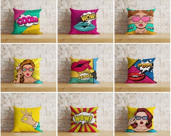 Pop Art Cushion Cover, Lips Wow Pop Art Pillow Case, Cool Just You Throw Cushions, Colourful Pillow Case, Woman Lady Face Pillow Cover