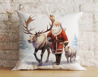 Santa and Reindeer Cushion Cover, Winter Deer Scene Pillow Cover, Festive Christmas Holiday Decor, 16x16 18x18