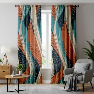 Retro Abstract Wave Curtains, Teal and Orange Brushstroke Drapes, Modern Artistic Home Decor, Bold Vintage Flowing Lines Drapes
