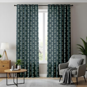 Moderner geometrischer blaugrüner Fenstervorhang, nordischer Stil Vorhänge, einzigartiges Wohndekor, Boho Vorhänge, minimalistische Musterdrapierungen, benutzerdefinierter Vorhang