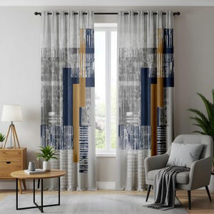 Modern Abstract Geometric Curtains, Blue and Gold Artistic Window Drapes, Contemporary Home Decor with Textured Design