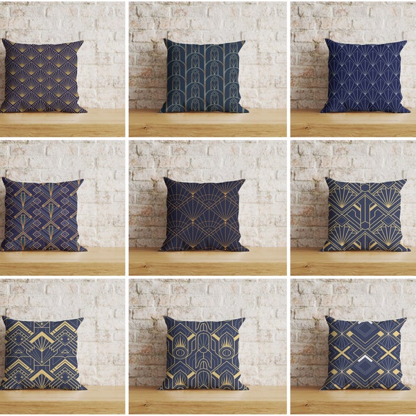 Art Deco Geometric Cushion Covers, Gold Art Deco Print Throw Cushions, Blue Gold Geometric Pattern Couch Pillow Covers