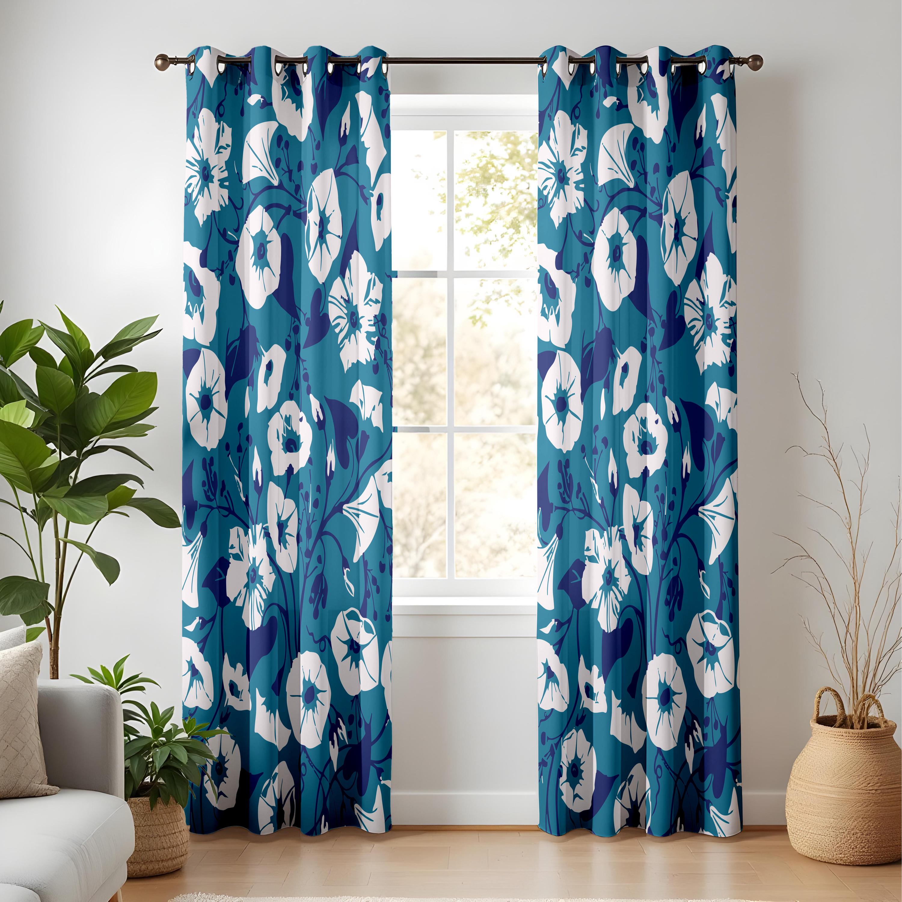 大きな青い花柄カーテン、モダンな花柄ドレープ、ネイビーとホワイトの
