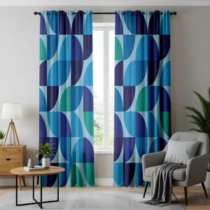Blue Geometric Abstract Curtains, Mid-Century Modern Pattern, Stylish Home Decor, Contemporary Living Room Drapes, Retro Interior Accent