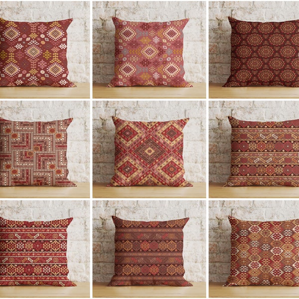 Aztec Southwestern Cushion Cover, Turkish Kilim Pillow Cover, Traditional Farmhouse Decor, Terracotta Bedroom Throw Pillow, Ethnic Design