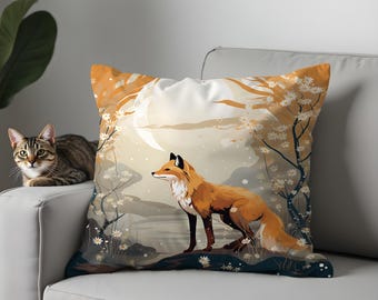 Funda de cojín decorativa con diseño de zorro en acuarela, estilo bosque otoñal.