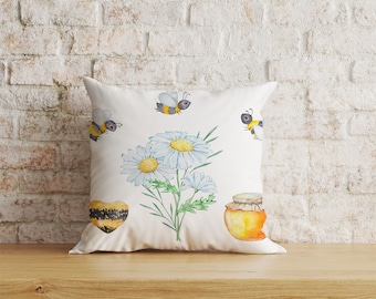 Bee and Floral Cushion Cover, Honeybee Botanical Pillow Cover, Cottage Living Room Decor, 16x16 18x18 20x20