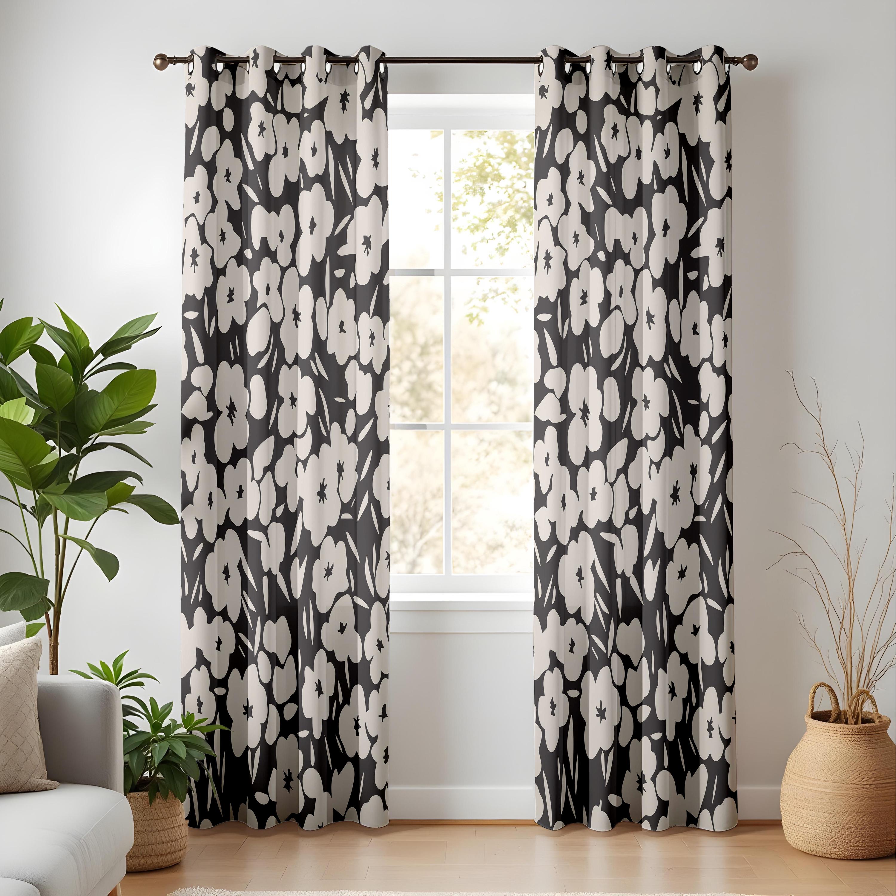 Black and White Floral Window Curtains, Modern Botanical Print Drapes