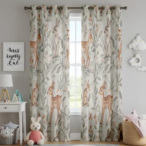 Baby Room Window Curtains, Woodland Deer & Bunny Window Drapes, Nature-Inspired Nursery Drapes, Forest Animal Decor, Soft Botanical Print