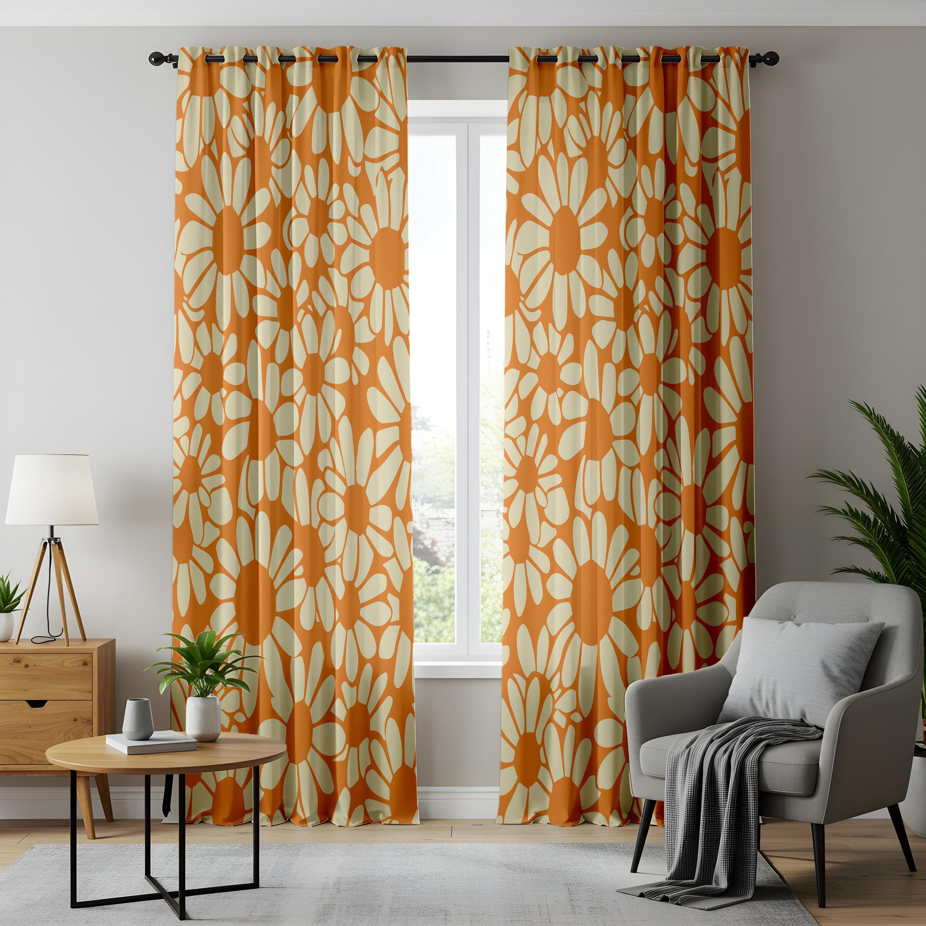 レトロなデイジープリントのカーテン、大胆なオレンジ色の花柄ドレープ