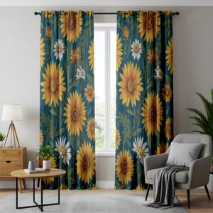 Sunflower Window Curtains, Vintage Floral Drapes, Country Farmhouse Decor, Yellow Daisy Print, Rustic Home Aesthetic
