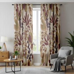 Vintage Floral Curtains, Neutral Botanical Pattern Drapes, Beige and Burgundy Nature-Inspired Home Decor, Rustic Window Panels
