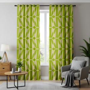 Modern Geometric Green Curtains, Scandinavian Graphic Print Drapes, Retro Pattern Drapes, Mid-Century Modern Home Decor