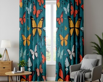Cortinas Butterfly Paradise, cortinas tropicales color turquesa, decoración inspirada en la naturaleza.