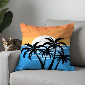 Tropical Sunset Palm Tree Pillow Cover, Retro 80s Style Cushion Case, Coastal & Vaporwave Decorative Throw Pillow for Summer Vibes Decor