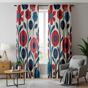 Bold Floral Curtains, Stylized Flower Patterns in Red and Blue, Chic Home Decor Drapes, Available in Custom Sizes