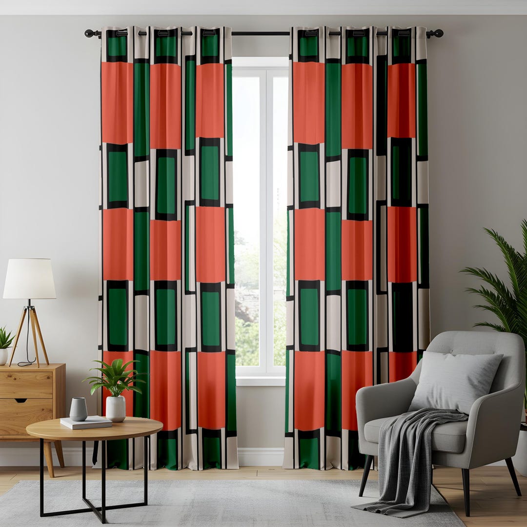 Pattern Block Curtain Modern Block Pattern Curtains, Retro Mid Century Drapes, Green and ...