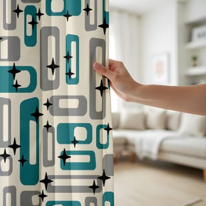 Mid-Century Modern Curtains, Retro Geometric Window Drapes, Teal & Gray Mod Design for Living Room,Blackout or Thermal Curtain