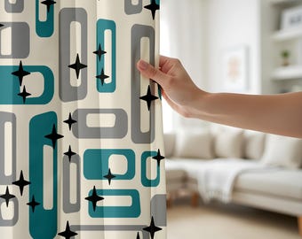 Mid-Century Modern Curtains, Retro Geometric Window Drapes, Teal & Gray Mod Design for Living Room,Blackout or Thermal Curtain