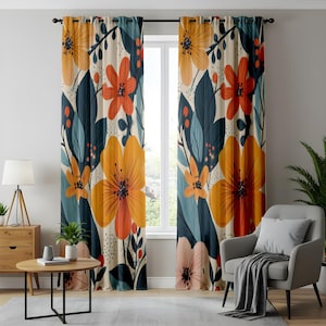 Vibrant Floral Window Curtains, Orange & Blue Botanical Drapes, Tropical Flower Pattern, Nature-Inspired Home Decor, Living Room Curtains