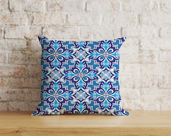 Blue Moroccan Tile Cushion Cover, Mediterranean Pillow Cover, Boho Living Room Home Decor, 16x16 18x18 20x20