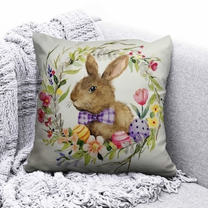 Easter Bunny Cushion Cover, Easter Basket With Eggs, Happy Easter Cushion Cover, Spring Pillow Case, Adorable Easter Decor