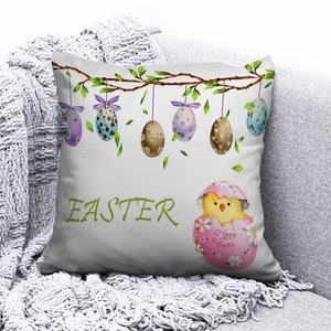 Happy Easter Cushion Cover, Spring Concept Cushioncase, Bunny & chick Pillow Cover, Painted Eggs Cushion Case, Gift For Easter