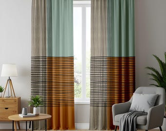 Cortinas geométricas modernas de mediados de siglo, visillos con estampado de líneas abstractas dibujadas a mano, decoración minimalista para el hogar de inspiración vintage.
