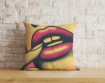 Kissing Lips Pop Art Throw Pillow Cover, Soft Fabric Cushion Case