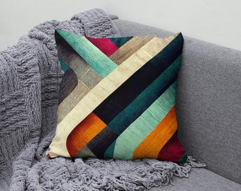 Retro Colourful Cushion Cover, Abstract Sofa Pillow Cover, Rainbow Geometric Pillow Case, Abstract Themed Pillow Sham, Mid Century Decor