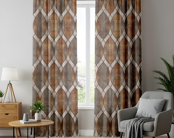 May include: A pair of floor-length curtains featuring a repeating geometric pattern of interlocking ovals in shades of brown, gray, and white. The curtains are suspended from a black rod with metal grommets, creating vertical folds across the fabric.