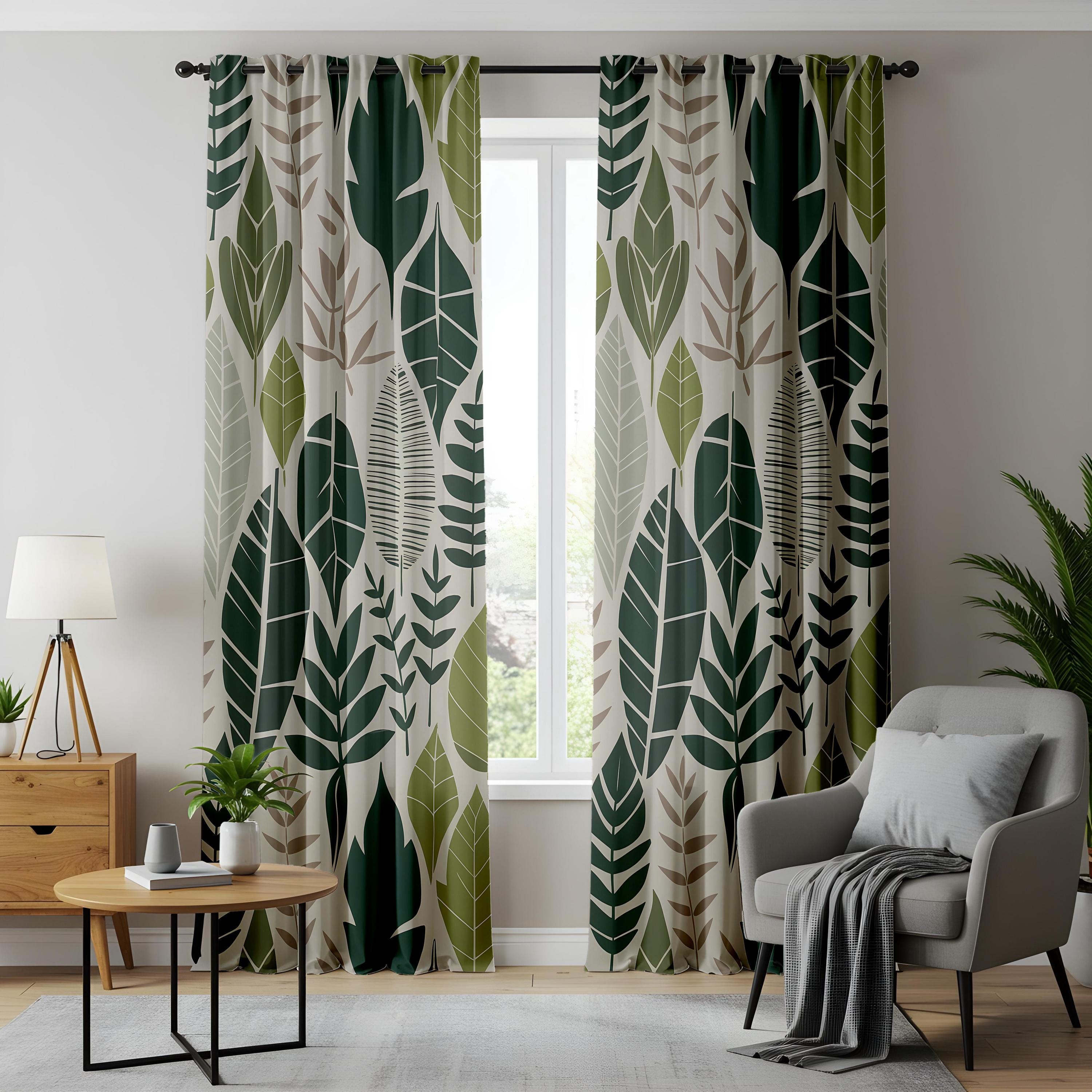 葉っぱのプリントカーテン、植物柄のドレープ、森をイメージした窓用