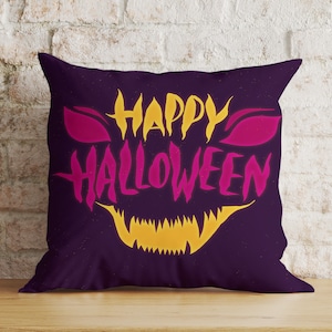 Halloween Cushion Cover, Orange Purple Halloween Party Pillow Cover, Carved Pumpkin Pillow Case, Scarecrow Cushioncase, Ghost and Cat Decor