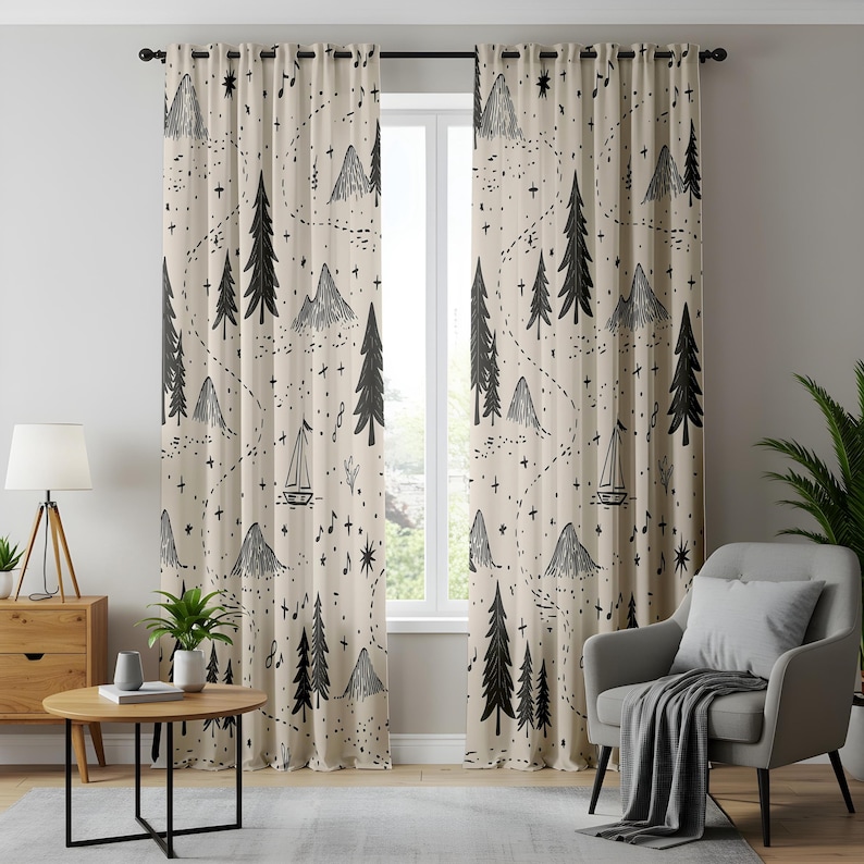 May include: A pair of floor-length curtains in a light beige fabric featuring a repeating black line-art pattern of mountains, evergreen trees, sailboats, and small stars. The curtains are hung on a black rod with metal grommets at the top.
