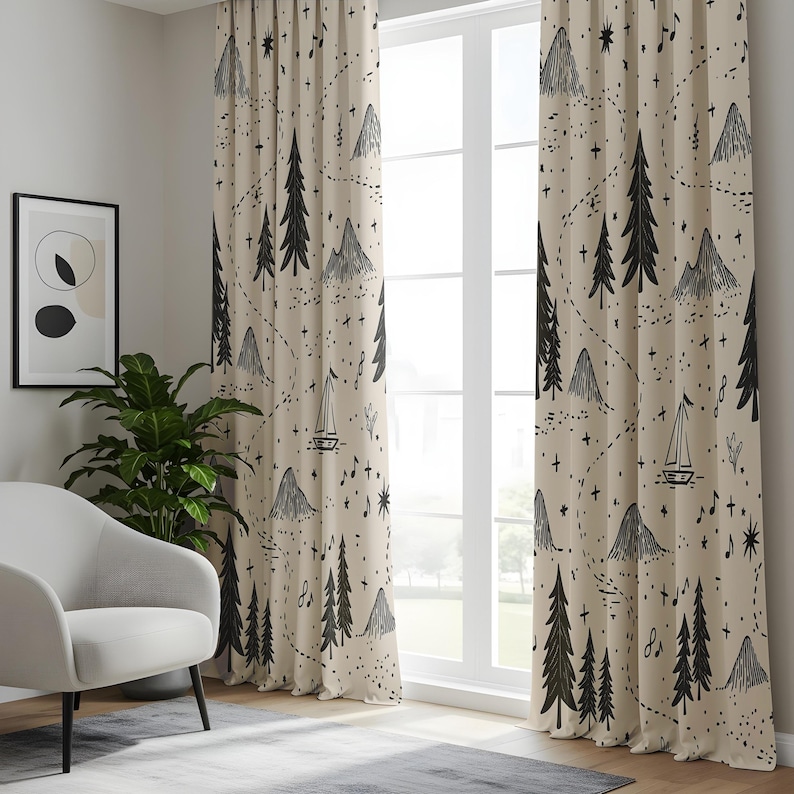 May include: A pair of floor-length curtains in a light beige fabric featuring a repeating black line-art pattern of pine trees, mountain peaks, sailboats, stars, and musical notes arranged along a dotted path across the entire surface.