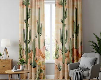 Desert Cactus Window Curtains, Southwest Style Watercolor Drapes, Warm Earth Tone Succulent Print, Rustic Boho Decor, Living Room Curtains