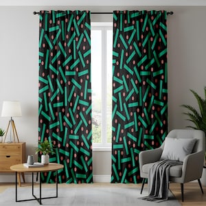 Cortinas estilo retro de Memphis, cortinas con estampados geométricos llamativos, decoración del hogar inspirada en los años 80 en negro y verde, paneles de sala de estar modernos