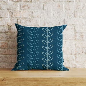Blue Floral Cushion Cover, Linear Stem Pillow Cover, Linear Stem Textured Cushions, Leaf Square Pillowcase, Floral Print Scatter Cushions