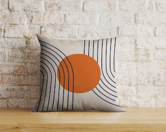Abstract Geometric Cushion Cover, Mid Century Modern Stripe Pillow Case, Blue and Orange (Rainbow and Sun Abstraction) Throw Pillow