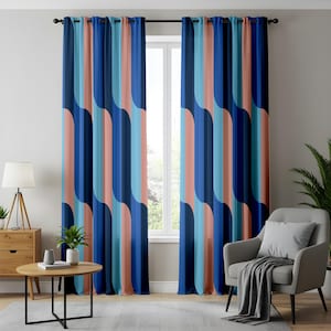 Retro Wave Curtains, Bold Blue and Pink Geometric Pattern Drapes, Modern Abstract Eclectic Home Decor, Vibrant Window Panels