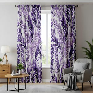 Elegant Purple Floral Curtains for Living Room, Abstract Purple Curtains, Botanical Watercolor Floral Drapes, Sheer Purple Leaf Print