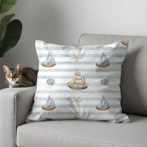 Nautical Pillow Cover, Coastal Beach House Cushion Covers, Sailboat Anchor Lighthouse Throw Pillow, Seaside Ocean Themed Decor, 17x17, 18x18