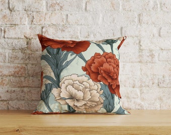 Kussenhoes van zachte stof met bloemen, ontwerp met rood en wit kruidnagel